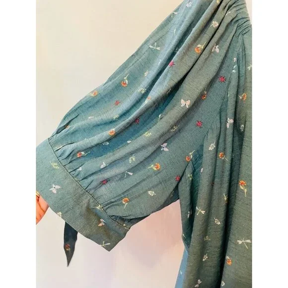 Lauren Conrad Top Shirt Peasant Women’s Size XXL Flower Butterfly Green Boho - Picture 5 of 10